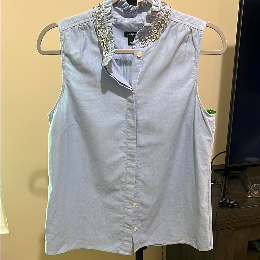 J. Crew Light Blue Embellished Ruffle Collar Sleeveless Top Sz 6